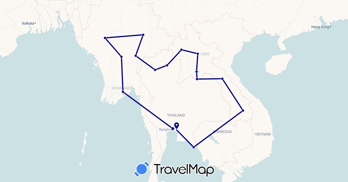 TravelMap itinerary: driving in Laos, Myanmar (Burma), Thailand (Asia)